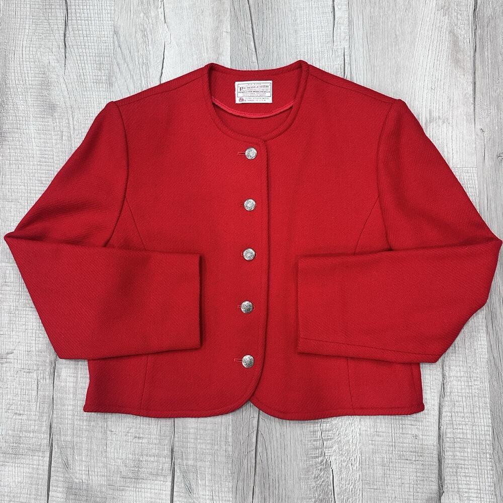 Vintage Pendleton Wool Collarless Fitted Blazer Jacket Size 10 Red Office Career
